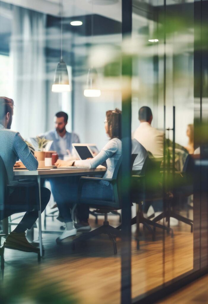 Team meeting taking place in a shared office environment supported by sound masking