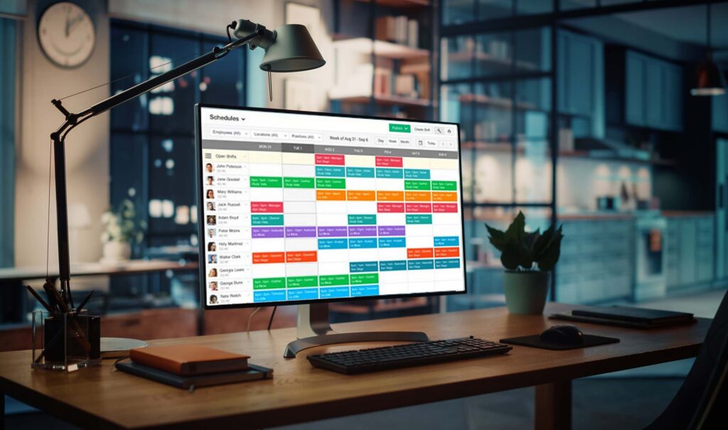 Workplace scheduling calendar presented on a screen in an office environment